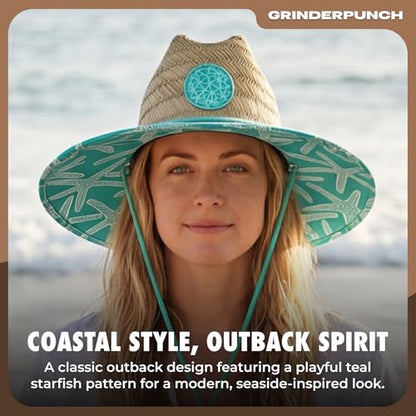 grinderPUNCH Straw Sun Hat for Men Women Wide Brim Beach Fishing UPF 50 - color: Teal Starfish