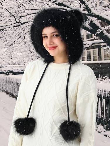 LA CARRIE Women's Faux Fur Hat with 3 Pom Pom for Cold Winter SKI Earflaps - color: Black