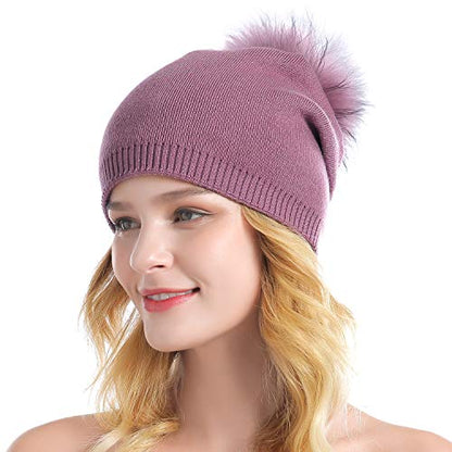 Women Knit Wool Beanie - Winter Fashion Solid Wool Hats Real Removable Raccoon Fur Pom Pom Warm Ski Beanie - color: 09- Cameo