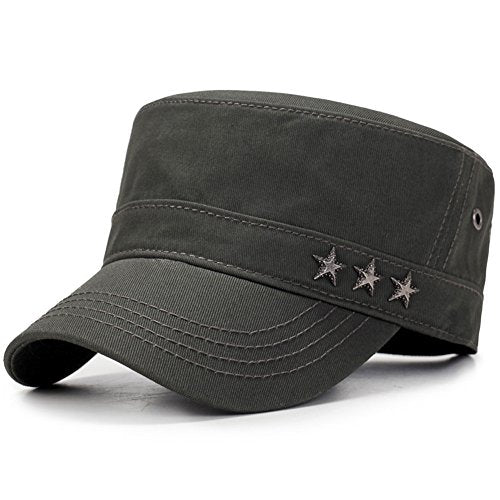 QZUnique Adjustable Flat Top Cap Solid Brim Army Cadet Style Military Hat - color: C- Army Green