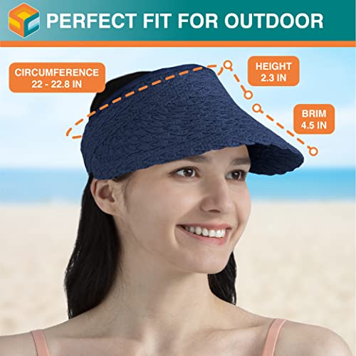 SUN CUBE Women Sun Visor Hat, Straw Beach Hat Wide Brim UV Protection, Foldable Packable Cap, Roll Up Ponytail Summer Visor - color: Navy