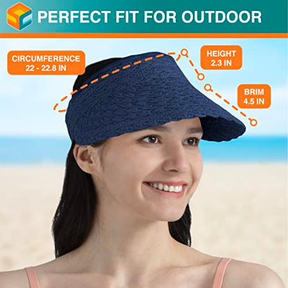 SUN CUBE Women Sun Visor Hat, Straw Beach Hat Wide Brim UV Protection, Foldable Packable Cap, Roll Up Ponytail Summer Visor - color: Navy