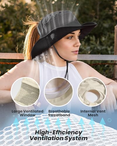EW EastWater Beach Sun Bucket Hats for Women,UV Protection High Ponytail Hole UPF 50+ Waterproof for Hiking Safari Fishing - color: Black