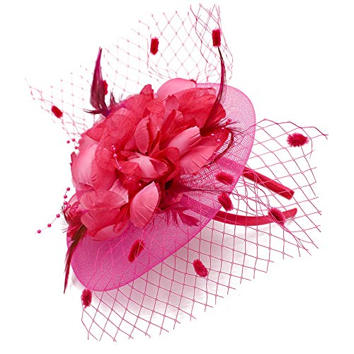 ACTLATI Fascinators Hat for Women Tea Party Headpiece Wedding Cocktail Flower Mesh Feathers Hair Clip 20s Flapper Fascinators - color: A10-rose Red