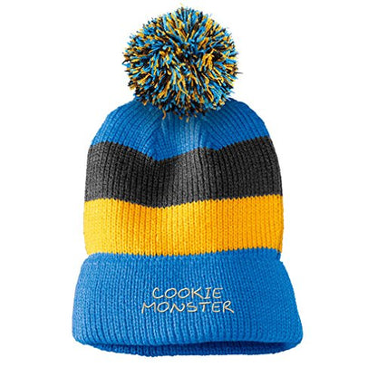 Cookie Monster Embroidered Unisex Adult Acrylic Vintage Striped Removable Pom Pom Beanie Winter Hat - Blue/Black/Yellow Stripes, One Size