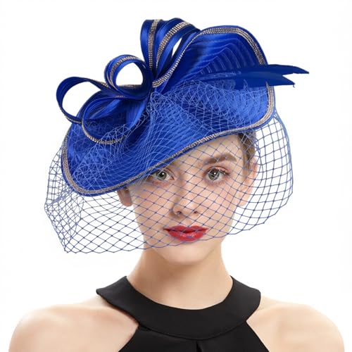 ORIDOOR Women Fascinators Derby Church Tea Party Wedding Flower Feathers Headpiece with Headband Clips - color: A Royal Blue
