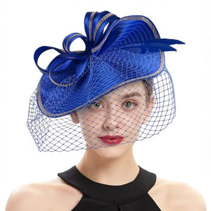 ORIDOOR Women Fascinators Derby Church Tea Party Wedding Flower Feathers Headpiece with Headband Clips - color: A Royal Blue