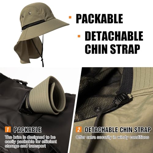 TOP-EX Oversized UPF50+ Sun Hat for Big Heads with Neck Flap & Wide Brim - color: Army Green, size: Medium-Large