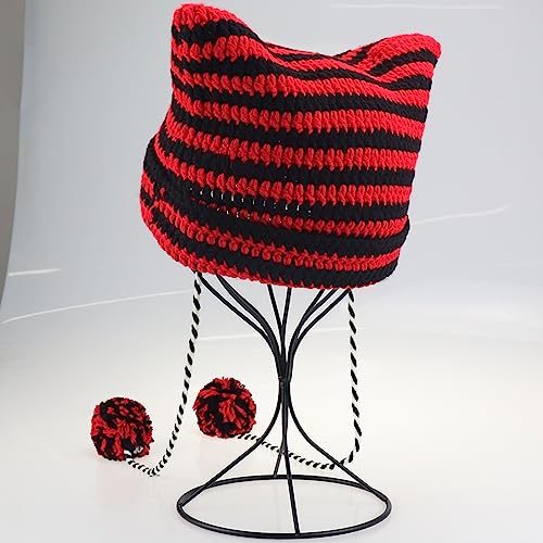 XYIYI Crochet Hats for Women Fox Knit Hat with Pompoms Grunge Goth Accessories Slouchy Beanies for Women Girls - color: Black Red