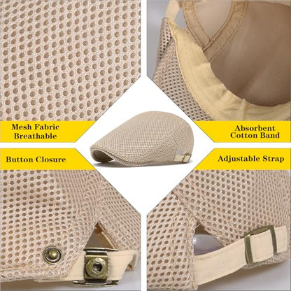 meioro Mens Breathable Mesh Summer Hat Adjustable Flat Cap Newsboy Beret Ivy Cap Irish Cabbie Fishing Hats - color: Khaki