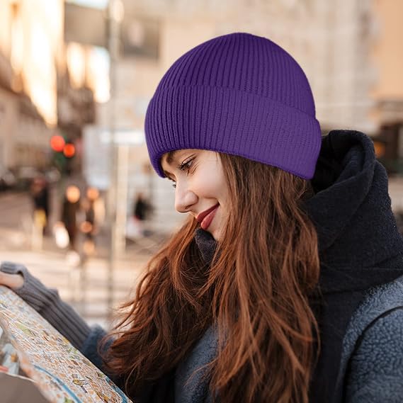 Beanie for Men Women Cuffed Thick Knitted Skull Cap Unisex Winter Hat - color: Deep Purple