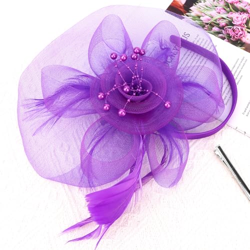 Womens Fascinators Mesh Hats Tea Party Hats for Women Feather Veil Headband - color: Purple