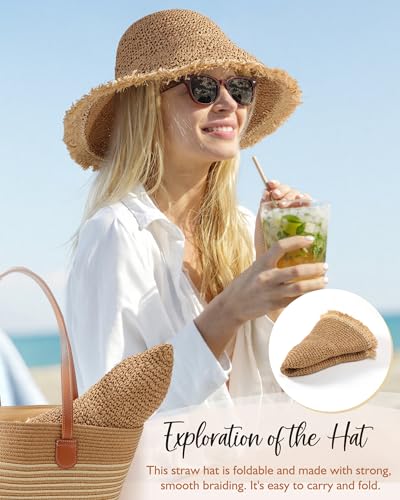 Beach Hats for Women, Straw Bucket Hats Packable Wide Brim - color: Khaki