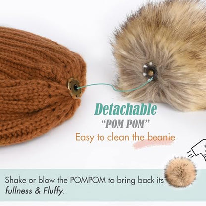 FURTALK Womens Winter Beanie Hat Satin Lined Faux Fur Pom Pom Beanies Hat for Women Winter Warm Knit Hats - color: Camel