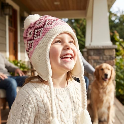 Moon Kitty Girls Knit Hats Winter Fleece Lining Skiing Winter Caps with Warm Ear Flap - color: Dusty Rose, size: 6-10 Years