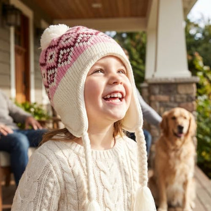 Moon Kitty Girls Knit Hats Winter Fleece Lining Skiing Winter Caps with Warm Ear Flap - color: Dusty Rose, size: 6-10 Years