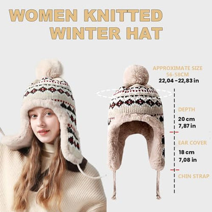 haozaikeji Women Winter Trapper Hat Faux Fur Knit Beanie Hat Thermal Earflap Outdoor Cap Pompom Hats Ushanka Hats - color: Beige
