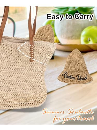 sy soul young Women's Straw Sunhat Wide Brim Hand Woven Beach Bucket Hat - color: Letter Khaki