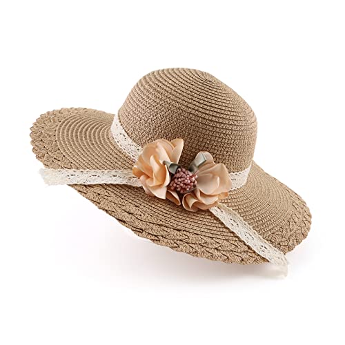 Baby Girl Straw Hat 3-6 Years Girls Summer Beach Hats with Bowknot Sun Protection Hats for Kids - color: Khaki Flower