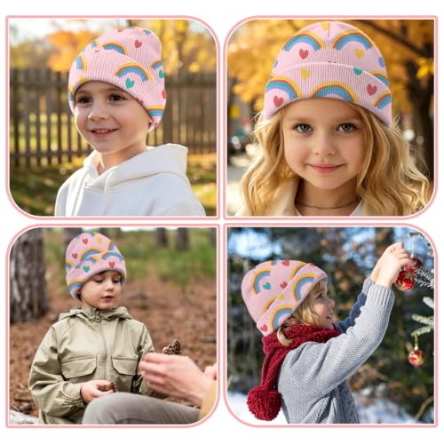 Kids Beanie Knit Hat Winter Unisex Cuffed Beanies Skull Cap Warm Double Layer Thick Acrylic Cute for Girls Boys - color: Rainbow