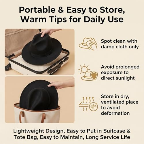UPSTORE Unisex Classic Wide Brim Felt Fedora Hat for Daily Wear, Black