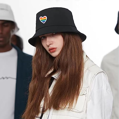 XYIYI Fashion Embroidery Bucket Hat Cotton Beach Fisherman Hats for Women Girls - color: Rainbow Pride Black
