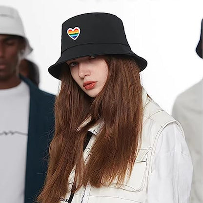 XYIYI Fashion Embroidery Bucket Hat Cotton Beach Fisherman Hats for Women Girls - color: Rainbow Pride Black