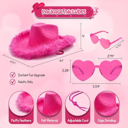 4E's Novelty Cowboy Hat with feathers With Heart Shaped Sunglasses for Women, Felt Cowgirl Hat for Party Costume Dress Up - color: Hot Pink
