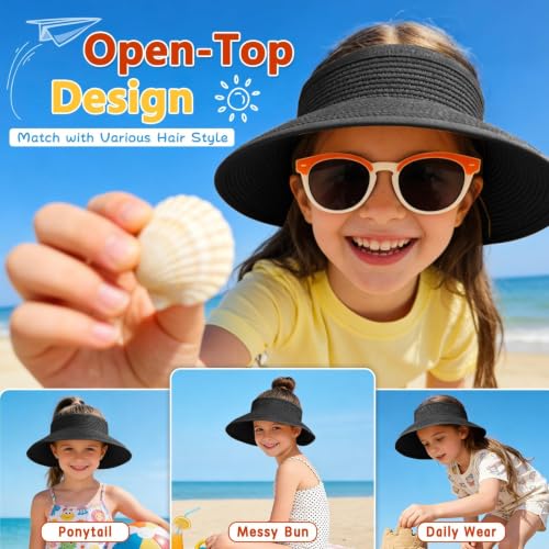 ZOORON Girls Straw Sun Visor Hat, Wide Brim Ponytail Beach Hat with Bow - color: Black