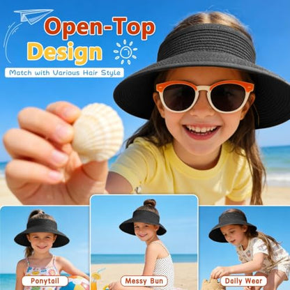 ZOORON Girls Straw Sun Visor Hat, Wide Brim Ponytail Beach Hat with Bow - color: Black