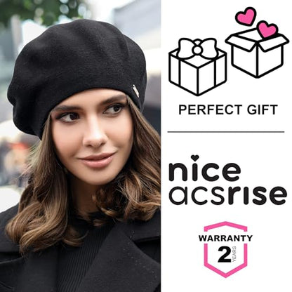 Beret - Warm Lined Wool Angora Knit Berets - French Paris Hat for Women - color: Black