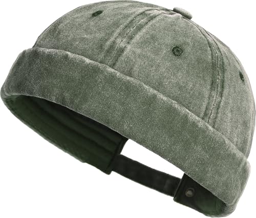 XYIYI Washed Cotton Brimless Hats for Men Vintage Docker Beanie Cap Rolled Cuff Skullcap - color: Dark Green