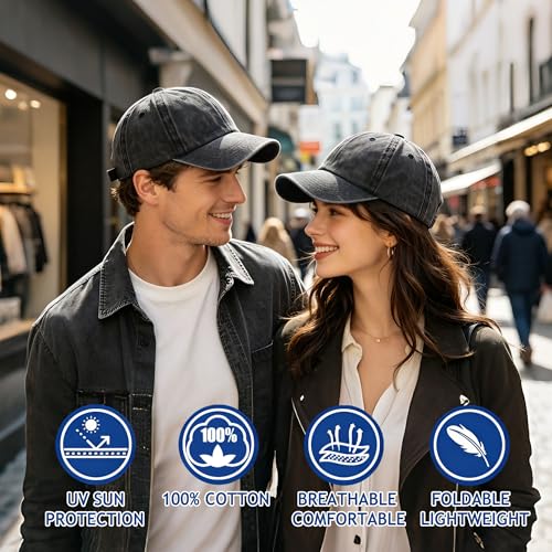 2Pack Vintage Washed Cotton Baseball Caps, Adjustable Low Profile Dad Hat, Unconstructed Distressed Plain Cap for Men Women - color: Black+black