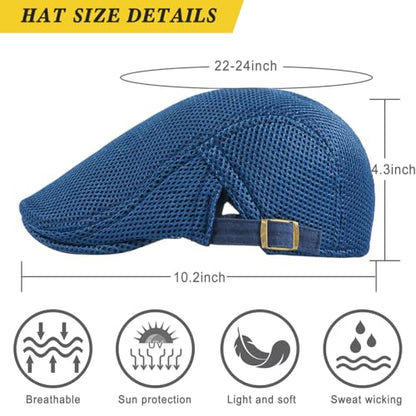 Xinveen Men's Mesh Cap Breathable Summer Newsboy Hat Adjustable Beret Ivy Cap Irish Cabbie Driving Hunting Hats - color: Navy
