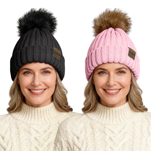 ZOORON Beanies for Womens Winter Knitted Beanies Hats with Faux Fur Pom Warm Knit Skull Cap - color: 2pack-black+pink