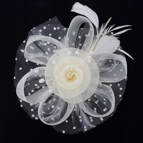 Womens Fascinators Hats and Gloves Set Short Lace Gloves Tea Party Flower Mesh Hair Clips - color: Beige