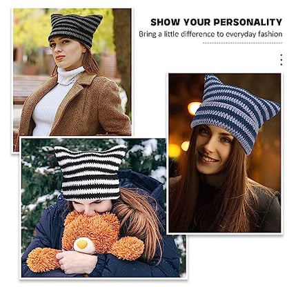 Women Beanie Warm Winter Hats, Soft Knit Lazy Beanie for Women, Women Cat Beanie，Women Fox hat, Slouchy Beanies for Women - color: Black White