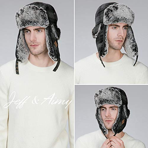 Jeff & Aimy Stylish Plaid Winter Wool Trapper Faux Fur Earflap Hunting Hat Ushanka Russian Cold Weather Thick Lined 55-61CM - color: Grey, size: Large