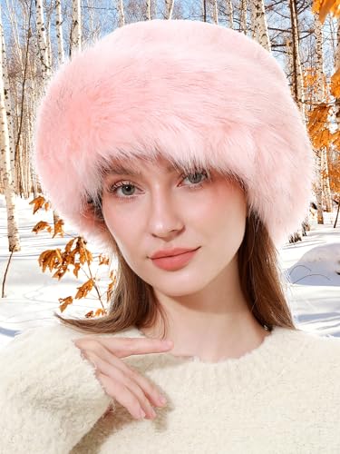 sy soul young Women's Leopard Faux Fur Hats Fluffy Bucket Hat Russian Style - color: Pink