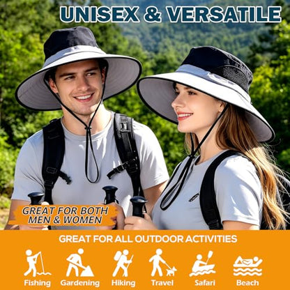 Wide Brim Sun Bucket Hat, Waterproof Boonie Hat for Men & Women - color: 02 Light Grey+black