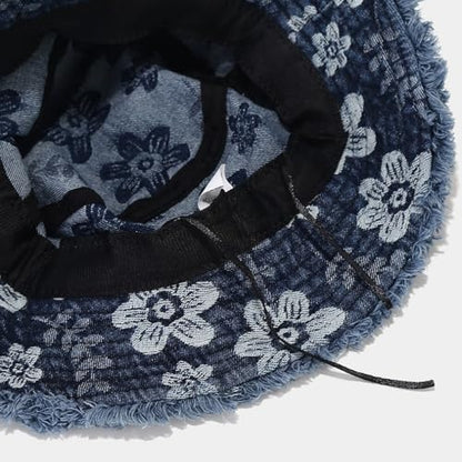Quanhaigou Frayed Unisex Sun Hats, Fashion Beach Bucket Hat for Men Women,Summer Outdoor Boy's Girls Boonie Cap - color: Denim Floral L.blue