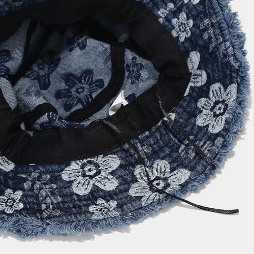 Quanhaigou Frayed Unisex Sun Hats, Fashion Beach Bucket Hat for Men Women,Summer Outdoor Boy's Girls Boonie Cap - color: Denim Floral L.blue