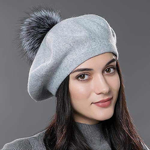Womens Winter Beret Hat Knitted Beanie Cap Autumn Winter Hat French Classic Beret - color: L.gray With Silver Fox Fur Pompom