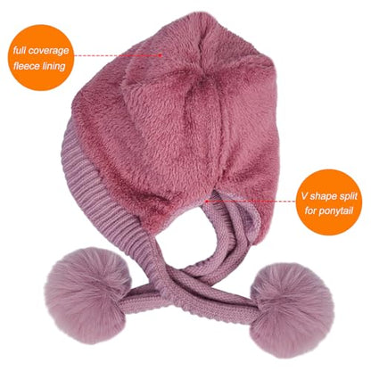 HUAMULAN Women Winter Knit Beanie Hat Circle Scarf Set Pompoms Ear Flaps - color: Mauve Pink
