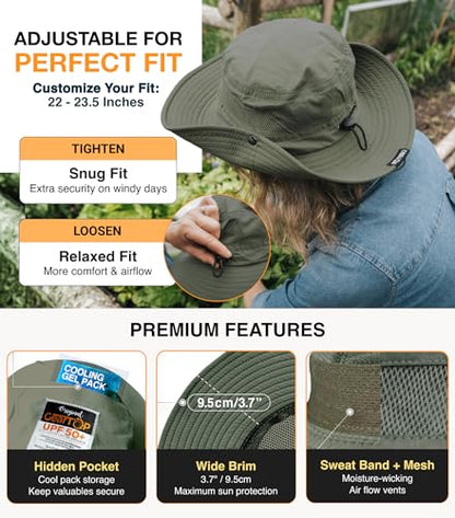 GearTOP Safari Hat for Men Sun Hats for Women UV Protection UPF 50+ Fishing, Gardening, Hiking Hat (22-23 1/2") - color: Beige & Army Green Standard 2 Pack