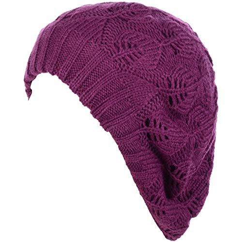 BYOS Women Mid-Weight Slouchy Leafy Cutout Crochet Soft Knit French Beret Hat - color: 2-pack-mulberry Purple & Bk