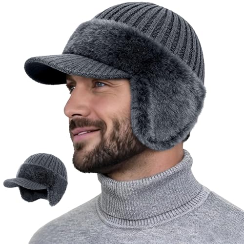 Winter Beanie Hat for Men, Mens Brim Hats with Ear Flaps, Cold Shield Fleece Lined Knit for Men Women - color: Gray