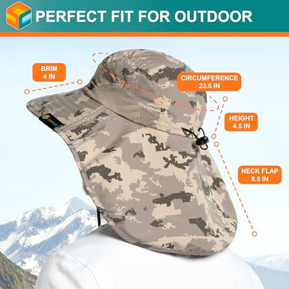 SUN CUBE Wide Brim Sun Hat with Neck Flap for Men Women, UPF50+ Fishing - color: Gray Camo