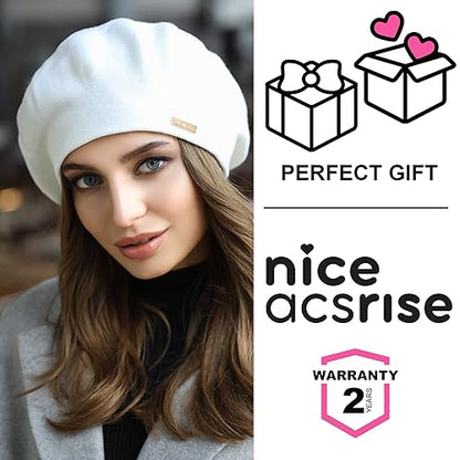 Beret - Warm Lined Wool Angora Knit Berets - French Paris Hat for Women - color: White