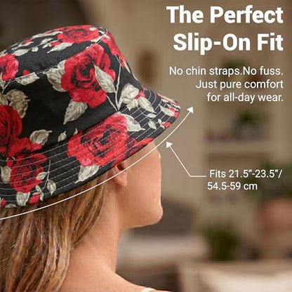 ZLYC Printed Bucket Hat for Women Men Packable Summer Sun Hat for Beach - color: Rose Black